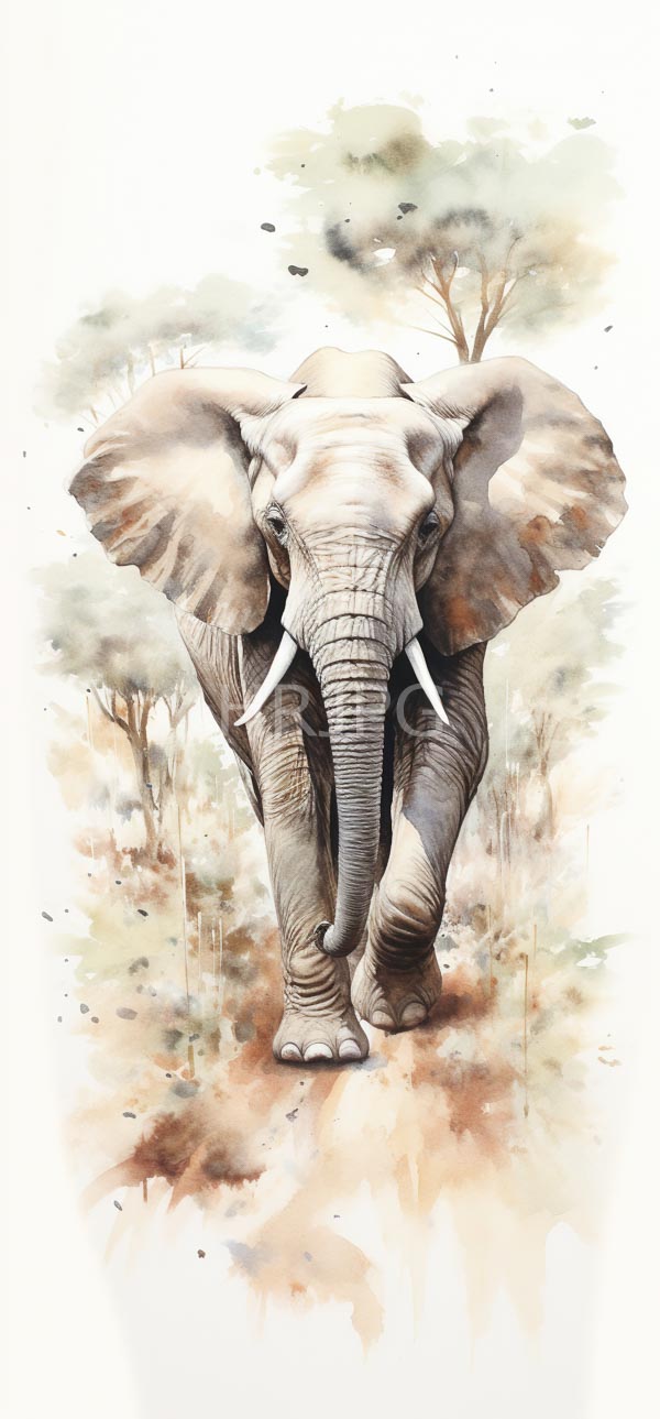 High Resolution: Watercolor drawing of a large African elephant with prominent white tusks stands on a dirt path surrounded by a forest with a soft blended background of greens download. | HRJPG.com