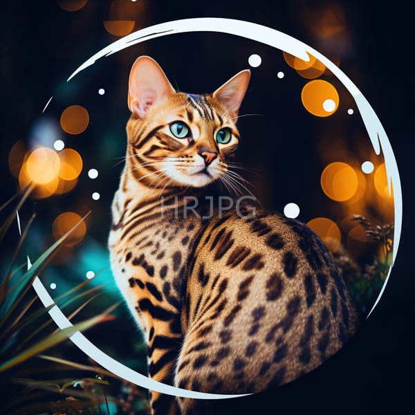 High Resolution: Sleek spotted Bengal cat with striking green eyes sits in a circular frame with golden fur and dark rosette patterns against a dark background with blurred warm orange bokeh lights download. | HRJPG.com