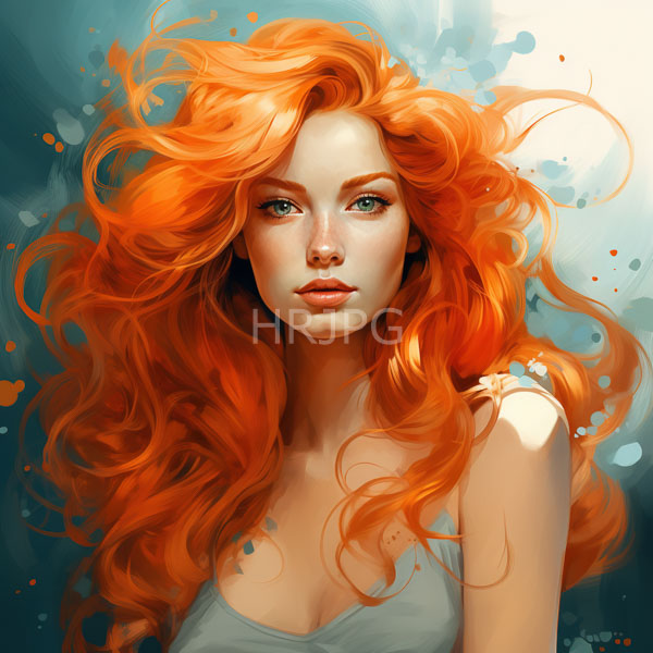 High Resolution: Beautiful fair-skinned woman with vibrant wavy orange hair striking green eyes and full lips wears a light gray sleeveless top against a blended background download. | HRJPG.com