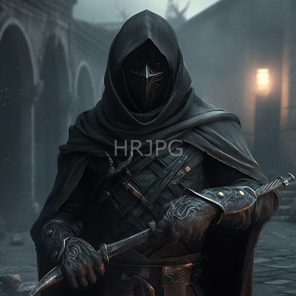 High Resolution: Dark hooded figure with a black featureless mask holds a sword wearing ornate leather-gloved hands and a draped dark cloak against a foggy medieval stone archway download. | HRJPG.com