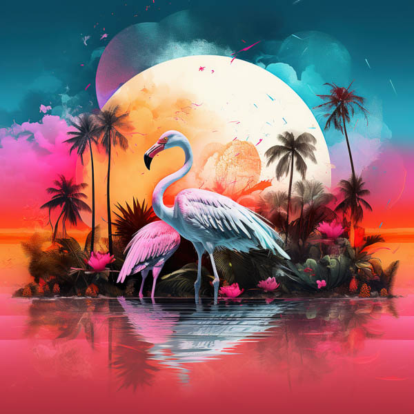 High Resolution: Pink and white flamingo stands in a reflective pink-hued water pool with its head slightly bowed against a large glowing sun with a gradient background download. | HRJPG.com