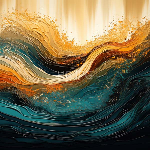 High Resolution: Abstract painting features dynamic wavy patterns in vibrant colors with golden and orange waves dominating the upper half and teal and dark blue waves filling the lower half download. | HRJPG.com