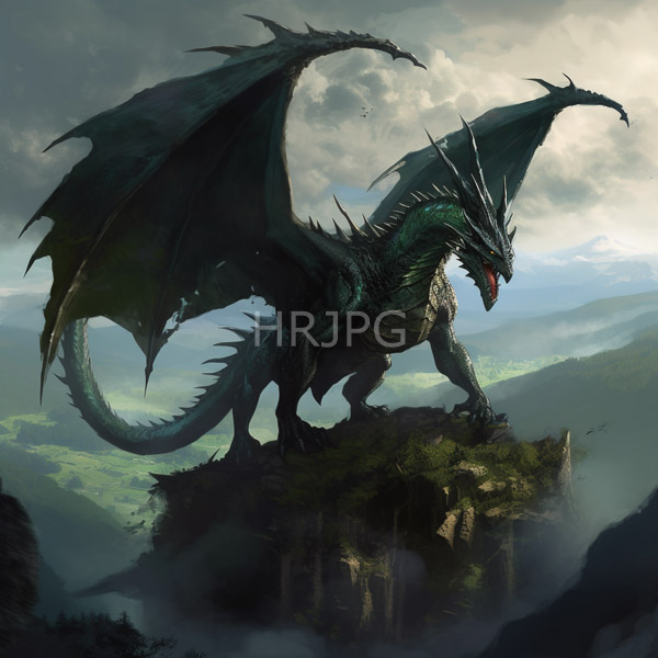 High Resolution: Fierce green-scaled dragon with large dark wings sharp spines and a menacing expression stands on a rocky cliff against a misty background download. | HRJPG.com