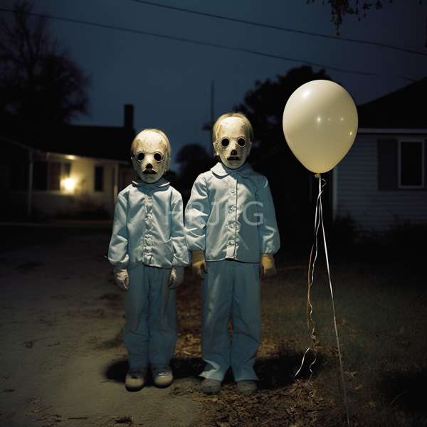 High Resolution: Two eerie masked dolls dressed in white buttoned pajamas stand on a dimly lit suburban street at night holding hands with a white balloon attached to the right doll download. | HRJPG.com