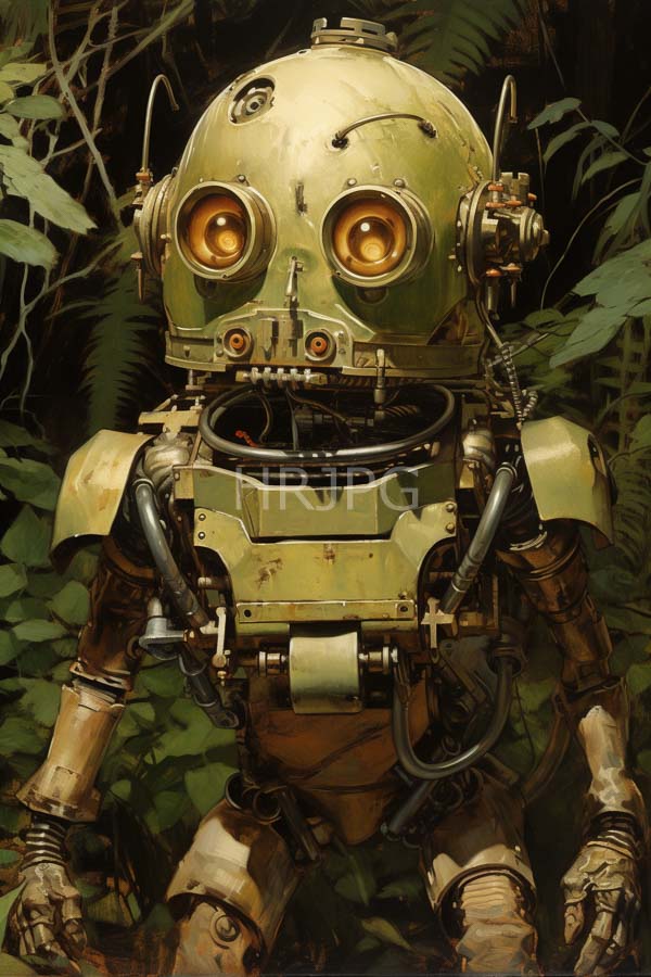 High Resolution: Vintage-style green humanoid robot with large amber eyes exposed wires and a worn metallic body is set in a dense jungle-like forest download. | HRJPG.com