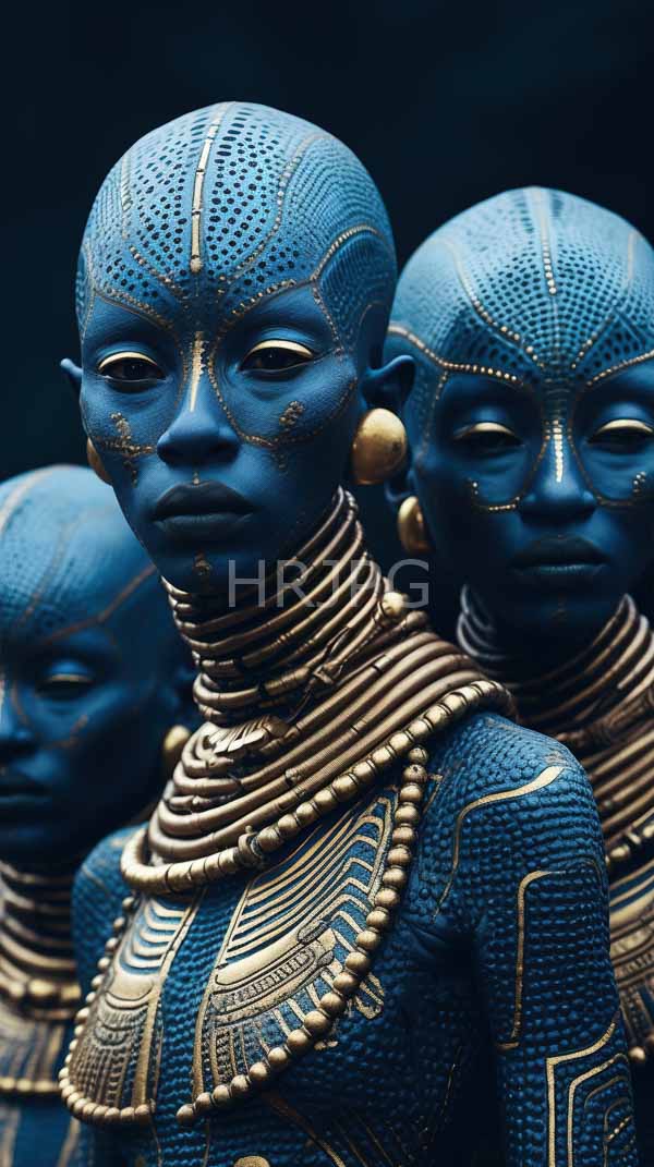 High Resolution: Three African-style blue-painted statues with bald heads are adorned with intricate gold patterns and jewelry against a dark background download. | HRJPG.com