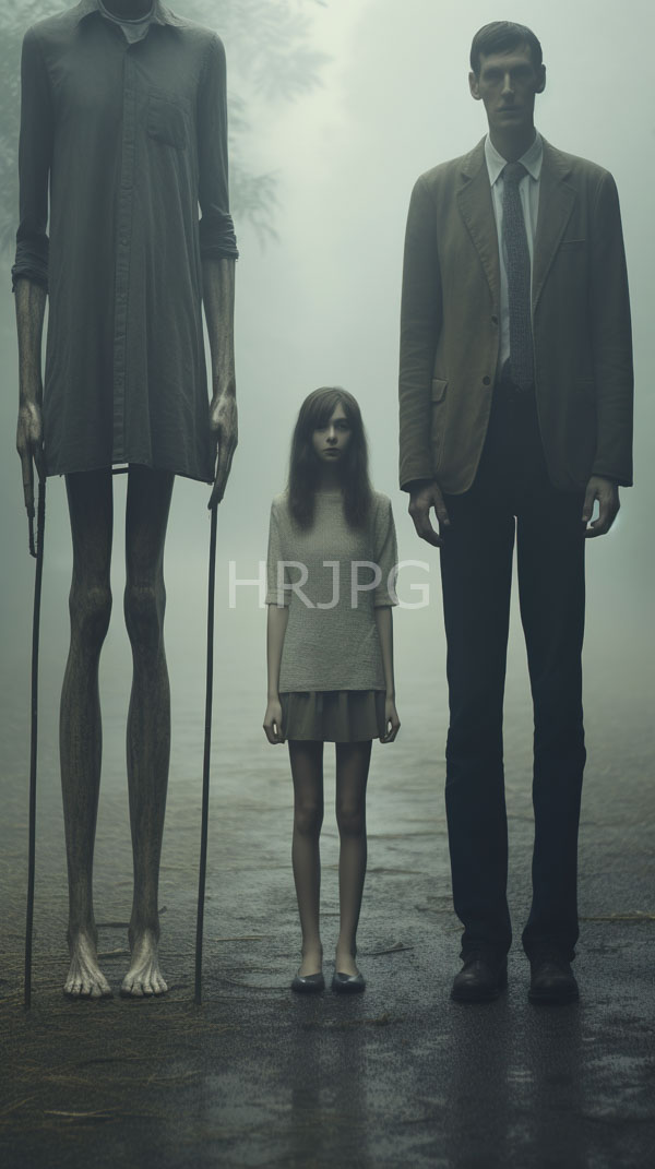 High Resolution: Foggy eerie outdoor scene features a young girl with long brown hair in a light gray dress standing next to a tall skeletal humanoid figure download. | HRJPG.com
