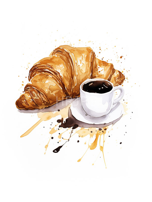 High Resolution: Watercolor-style digital illustration of a golden-brown croissant and a white cup of black coffee on a white saucer with coffee splashes surrounding the cup download. | HRJPG.com