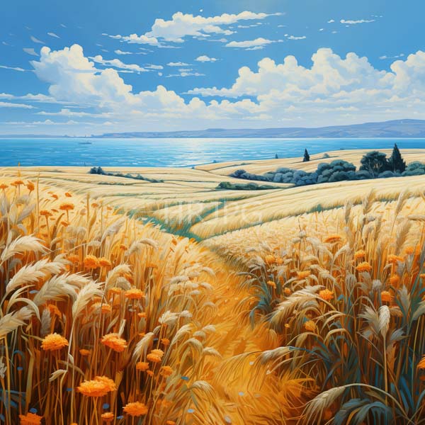 High Resolution: Vibrant sunlit wheat field with golden swaying stalks and orange wildflowers leads to a distant serene blue ocean under a bright partly cloudy sky download. | HRJPG.com