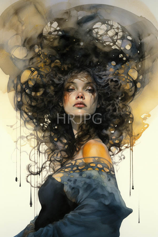 High Resolution: Young woman with curly voluminous black hair that blends into abstract swirling black and yellow patterns has a pale complexion and a contemplative expression download. | HRJPG.com