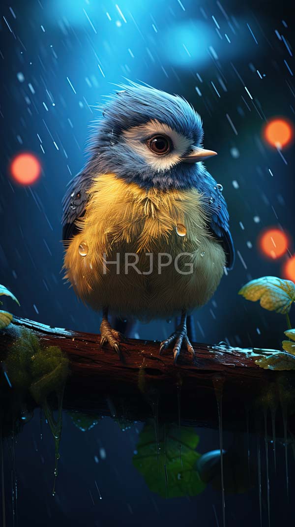 High Resolution: Small blue and yellow bird with wet feathers stands on a rain-soaked branch surrounded by raindrops against a blurred blue and orange bokeh background download. | HRJPG.com