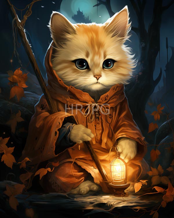 High Resolution: Cute fluffy orange tabby kitten with large expressive blue eyes wears an orange hooded cloak holding a glowing lantern and a wooden staff download. | HRJPG.com