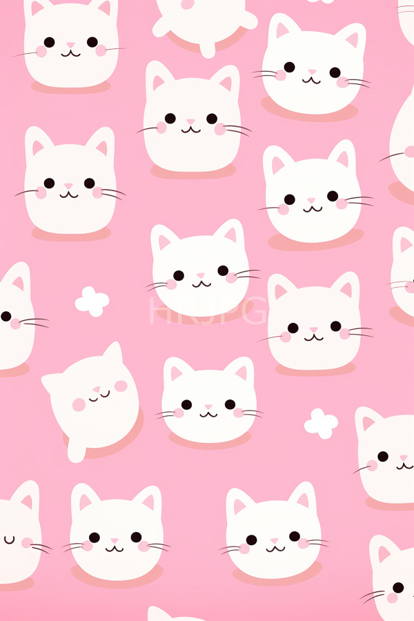 High Resolution: Repeating pattern of cute white cartoon-style cat faces on a pink background with each cat having simple round shapes and tiny smiling mouths download. | HRJPG.com