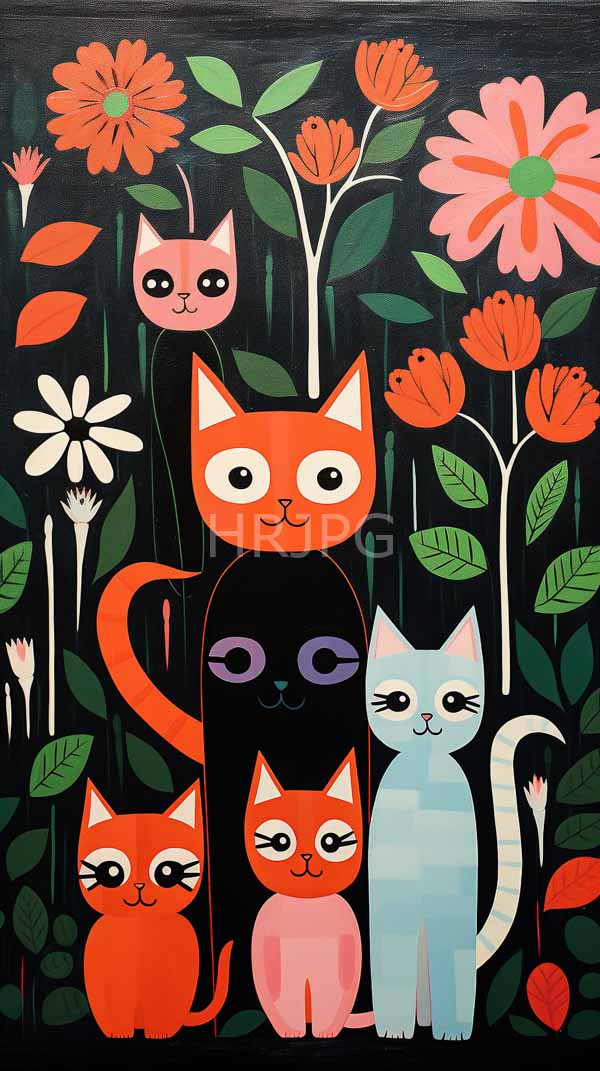 High Resolution: Six stylized cats with large expressive eyes are set against a dark floral background arranged in a row with tall colorful flowers download. | HRJPG.com