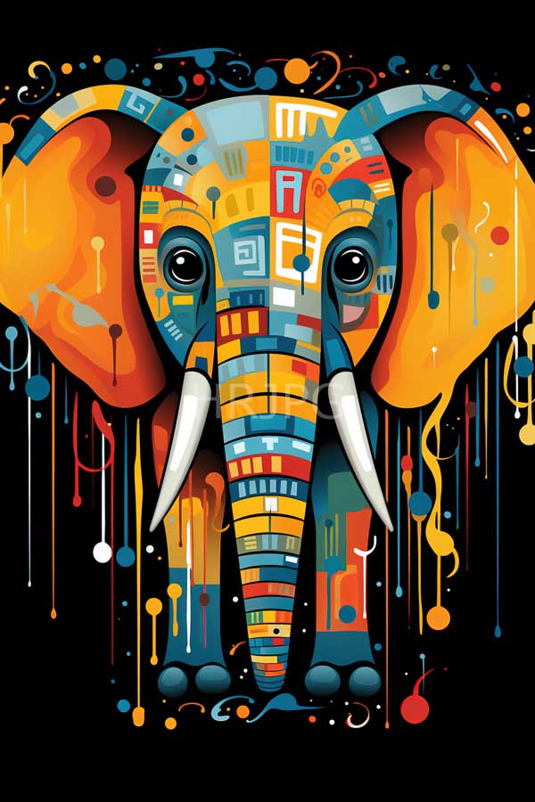 High Resolution: Vibrant abstract elephant with large orange ears and long white tusks has its body adorned with colorful geometric patterns resembling a mosaic download. | HRJPG.com