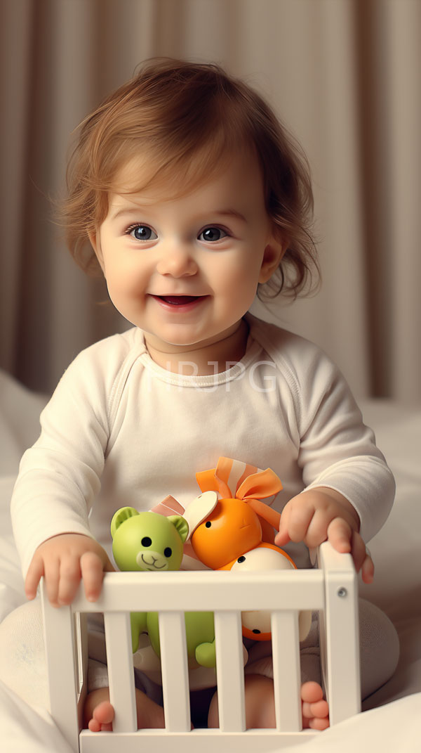 High Resolution: Smiling light-skinned baby with light brown hair wearing a white long-sleeve onesie sits in a white wooden crib holding the front bar download. | HRJPG.com