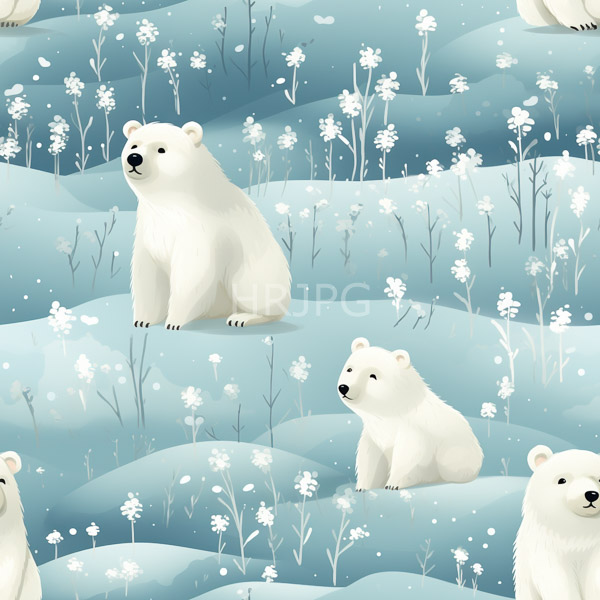 High Resolution: Three white polar bears sit in a snowy landscape with rolling blue hills and white flowers with soft fluffy fur download. | HRJPG.com