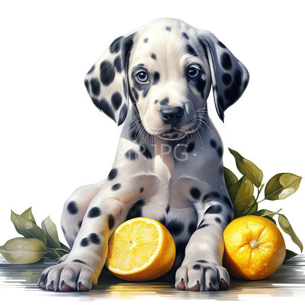 High Resolution: Cute young Dalmatian puppy with black spots on white fur sits with a curious expression with two whole oranges and one half orange in front of it download. | HRJPG.com
