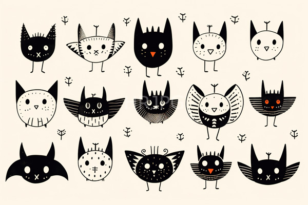 High Resolution: Digital drawing features 16 whimsical black-and-white cat-like characters with varied designs arranged in a 4x4 grid download. | HRJPG.com