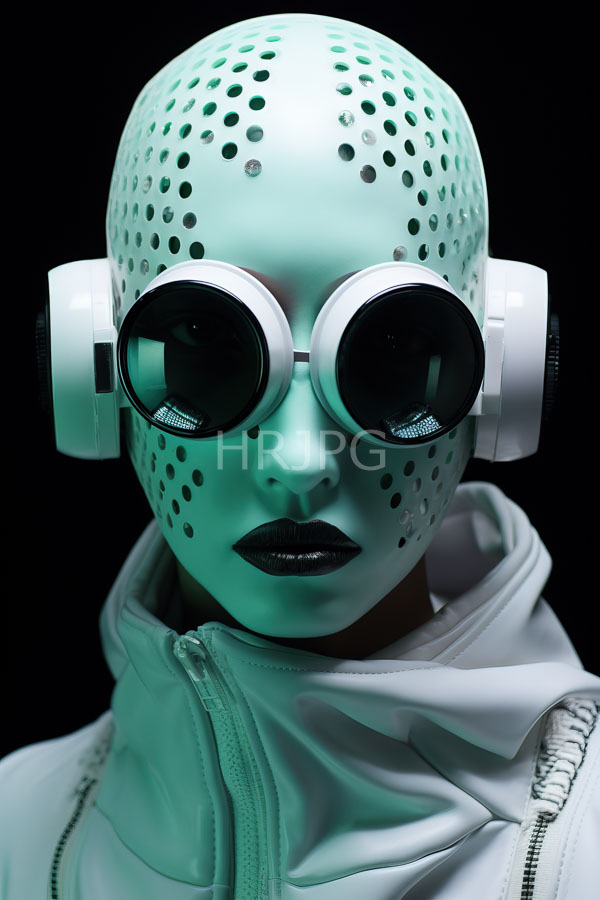 High Resolution: Person with a mint-green perforated bald mask wears round reflective white-rimmed goggles and large white headphones with dark lipstick download. | HRJPG.com