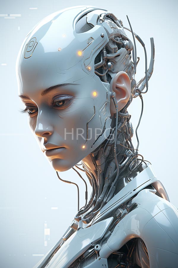 High Resolution: Highly detailed CGI image of a futuristic humanoid female robot with a sleek white glossy head and exposed intricate metallic wiring has a serene expression download. | HRJPG.com