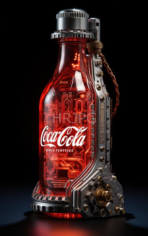 High Resolution: Steampunk-style transparent red Coca-Cola bottle with intricate circuitry and mechanical components features the classic logo surrounded by metallic gears and a brass valve download. | HRJPG.com