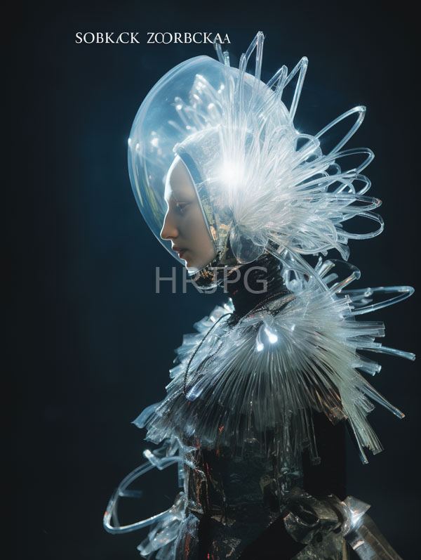 High Resolution: Woman wears a futuristic transparent crystal-like armor with a large clear helmet featuring intricate flowing crystalline structures around her neck and head download. | HRJPG.com