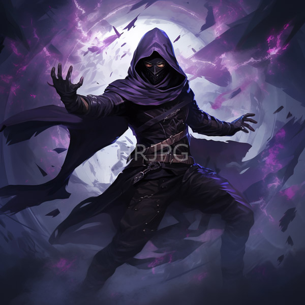 High Resolution: Hooded masked male warrior with glowing yellow eyes and a flowing purple cloak extends a hand towards a swirling purple-tinged vortex surrounded by shattered stone fragments download. | HRJPG.com