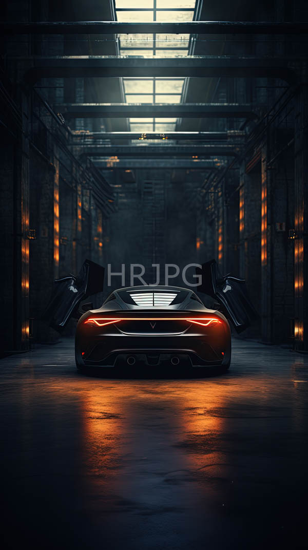 High Resolution: Sleek futuristic orange sports car with its doors open is centered in a dimly lit industrial warehouse with glowing red taillights and dual exhausts download. | HRJPG.com