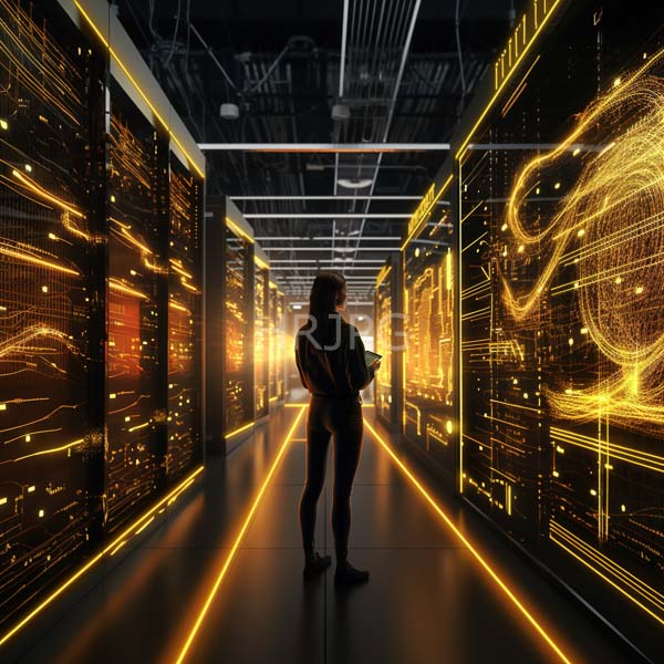 High Resolution: Silhouetted person with long hair stands in a futuristic data center holding a tablet facing illuminated server racks emitting bright golden neon-like lights download. | HRJPG.com