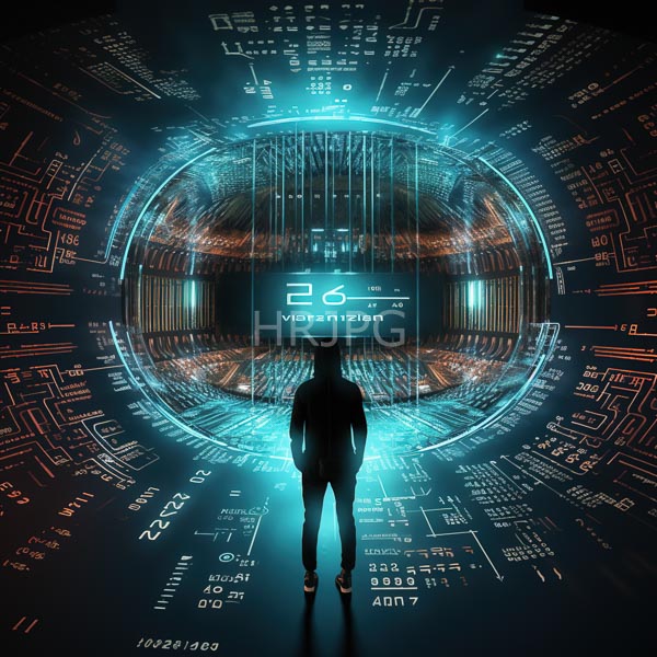 High Resolution: Silhouetted figure in a black suit stands before a glowing circular futuristic interface with blue and orange digital patterns displaying "26 Visionization" download. | HRJPG.com
