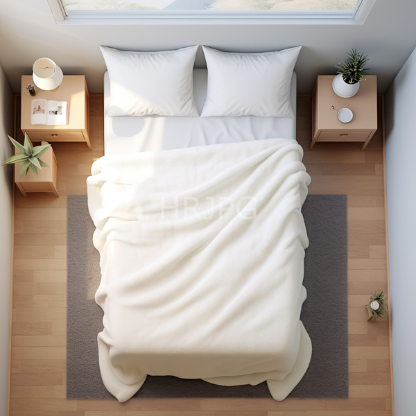 High Resolution: Minimalist bedroom viewed from above features a central white bed two light wooden nightstands each with a small potted plant and a gray rug download. | HRJPG.com
