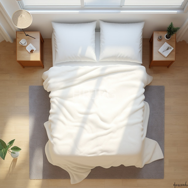 High Resolution: Minimalist bedroom viewed from above has a neatly made bed with white pillows and a duvet on a light wooden floor flanked by two wooden nightstands download. | HRJPG.com