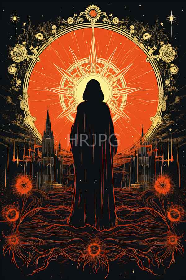High Resolution: Silhouetted figure in a hooded cloak stands before a large radiant red sun with intricate golden celestial patterns against a background of dark gothic-style buildings download. | HRJPG.com