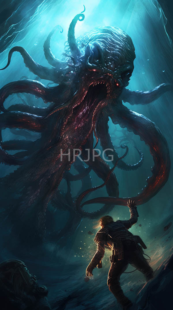 High Resolution: Dark massive sea monster with glowing red eyes and numerous tentacles looms over a small armored human figure with a sword illuminated by blue underwater light download. | HRJPG.com