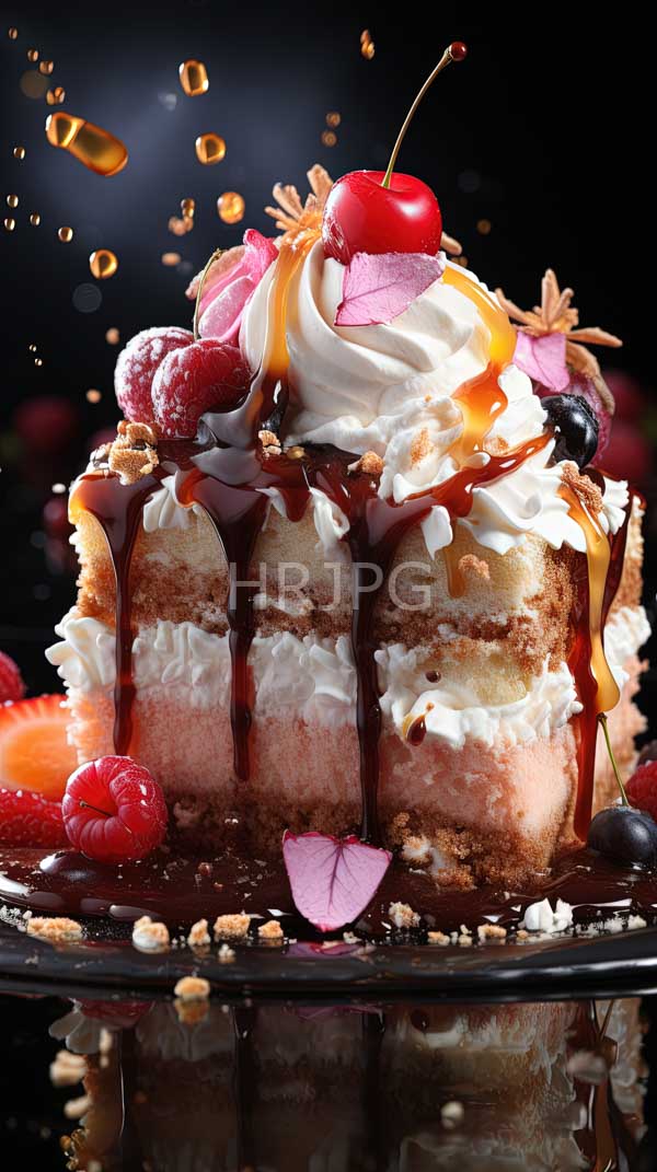 High Resolution: Decadent multi-layered cake with whipped cream pink and white frosting is topped with a cherry raspberries and blackberries with chocolate drizzle cascading down the sides download. | HRJPG.com