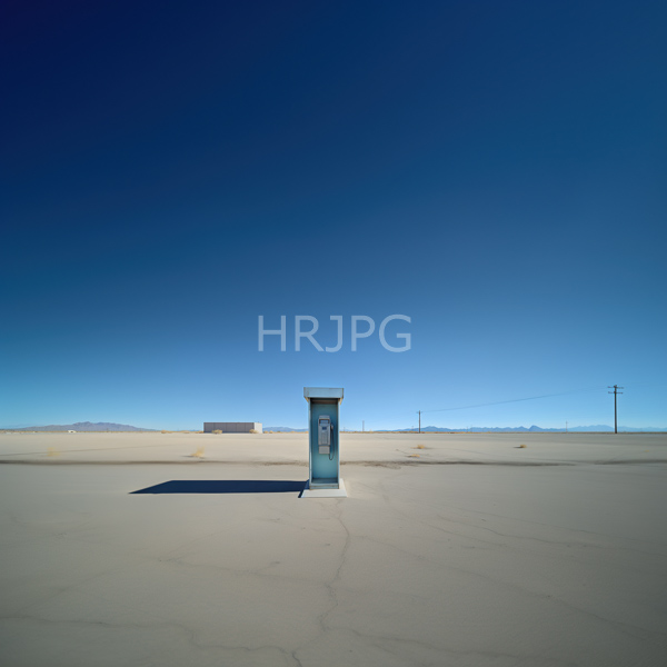 High Resolution: Solitary blue metal telephone booth stands in the middle of a vast empty cracked concrete desert under a clear deep blue sky download. | HRJPG.com