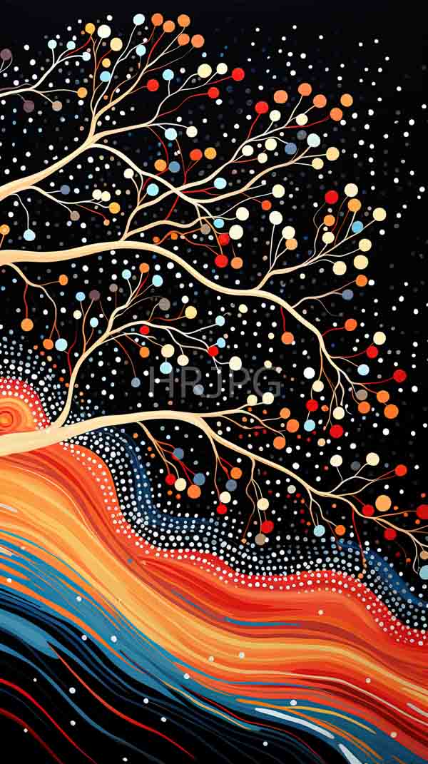 High Resolution: Tree with bare beige branches adorned with colorful round dots against a black starry night sky with wavy orange red and blue lines below download. | HRJPG.com