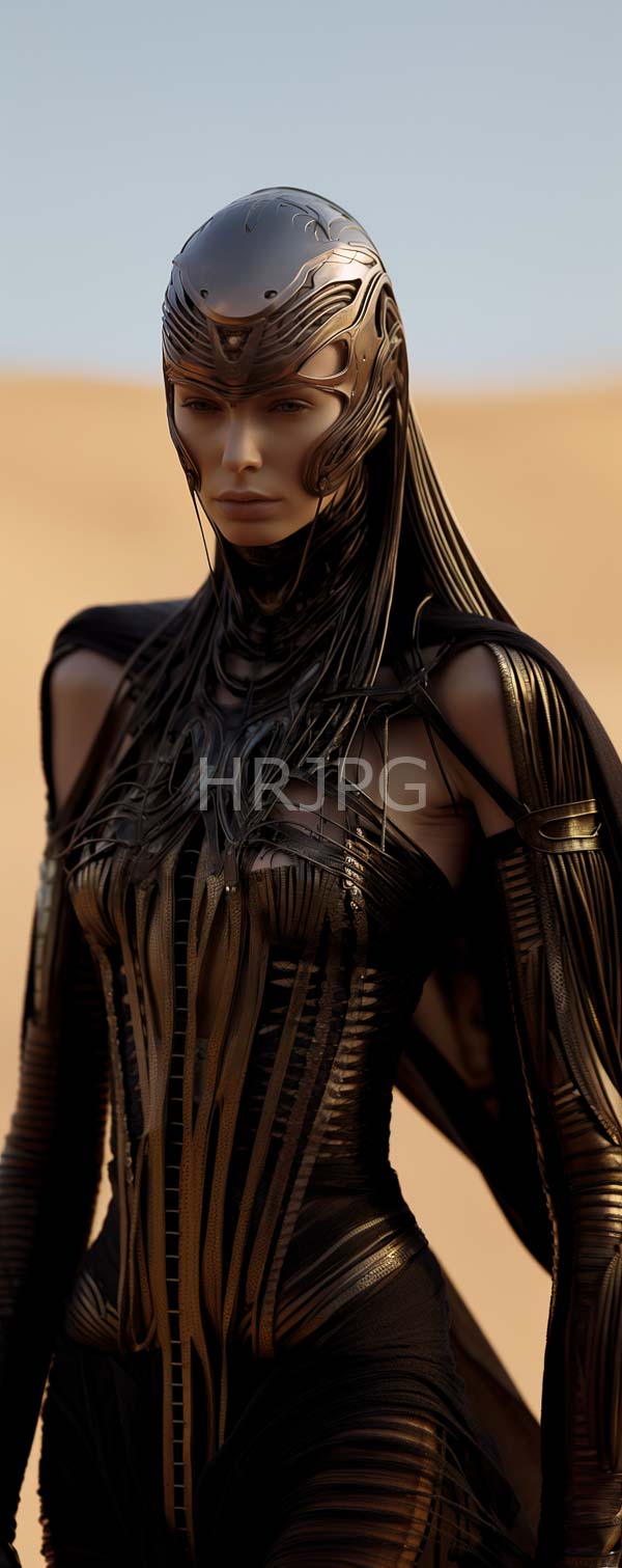 High Resolution: Woman in a futuristic metallic black and gold armor suit with intricate ribbed patterns wears a sleek helmet-like headpiece with flowing metallic hair standing in a desert download. | HRJPG.com