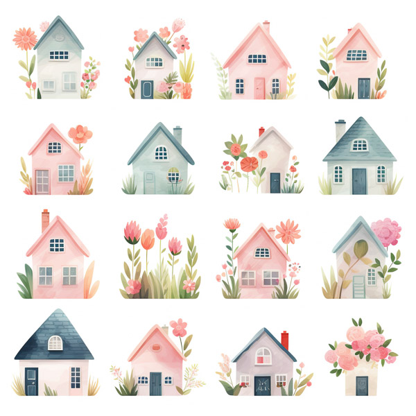 High Resolution: Digital illustration features 16 pastel-colored whimsical houses arranged in a 4x4 grid each with a unique design download. | HRJPG.com