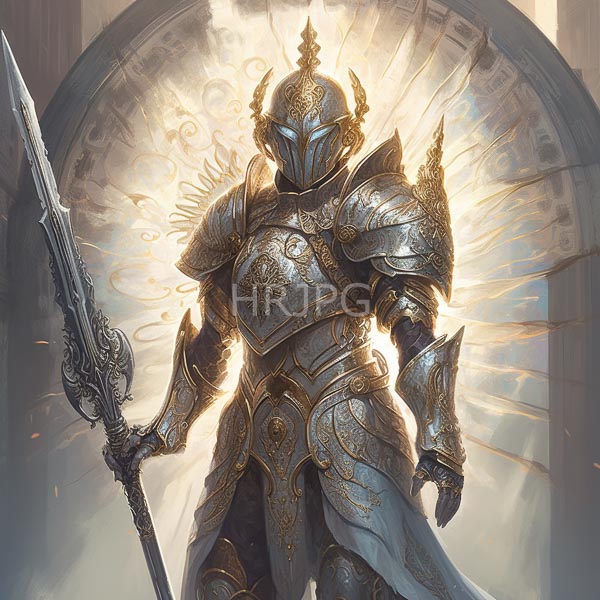 High Resolution: Radiant armored knight with a glowing helmet intricate golden and silver armor and a large ornate spear stands in a sunburst of light with ethereal wing-like patterns download. | HRJPG.com