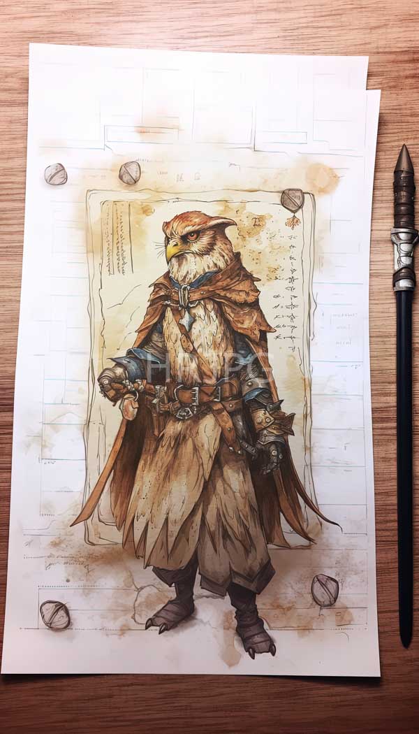 High Resolution: Detailed colored pencil drawing of an anthropomorphic owl warrior with brown and white feathers wears a brown leather cloak and holds a sword on a wooden desk download. | HRJPG.com