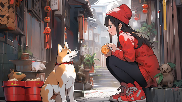 High Resolution: Anime-style illustration of a young woman with long black hair wearing a red beanie red jacket black pants and red sneakers squats on a narrow bustling Asian street download. | HRJPG.com