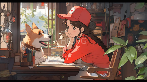 High Resolution: Anime-style illustration of a young girl with long braided brown hair wearing a red cap and matching red jacket sits at a cluttered desk writing with a cheerful Shiba Inu dog download. | HRJPG.com