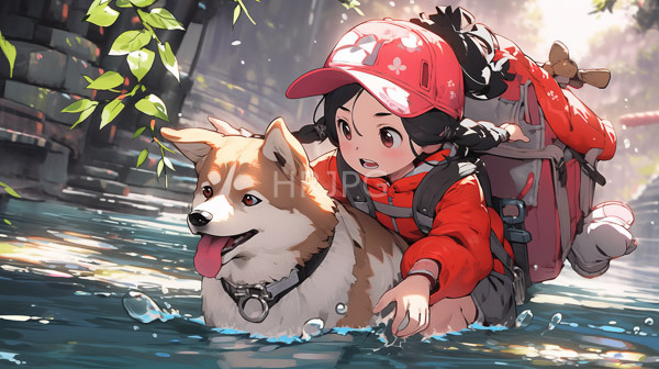 High Resolution: Anime-style illustration of a young girl with black pigtails wearing a red hoodie and cap swims in a shallow sunlit stream with a brown and white Shiba Inu dog download. | HRJPG.com