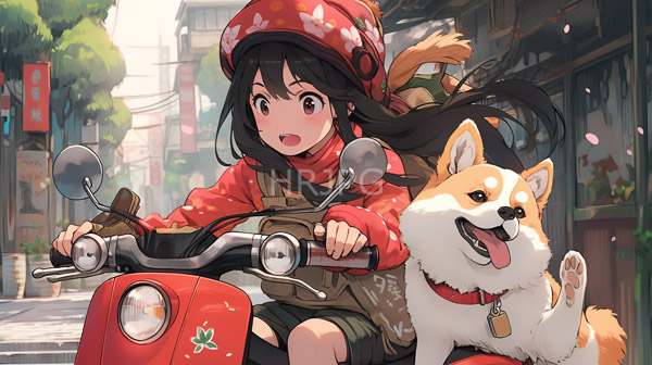High Resolution: Anime-style illustration of a young girl with long black hair wearing a red floral helmet and sweater rides a red scooter with a happy Shiba Inu dog download. | HRJPG.com