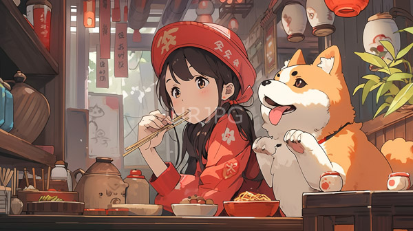 High Resolution: Anime-style illustration of a young Asian girl in a red floral-patterned kimono eats noodles with chopsticks in a traditional Japanese restaurant with a cheerful Shiba Inu dog download. | HRJPG.com