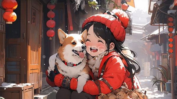High Resolution: Anime-style illustration of a smiling young Asian girl with long black hair wearing a red beanie and coat hugs a happy Shiba Inu dog in a snowy traditional Asian setting download. | HRJPG.com