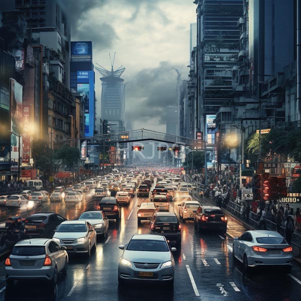 High Resolution: Bustling urban street at dusk features a dense traffic jam of cars with headlights on reflecting off the wet pavement with tall illuminated buildings and a pedestrian bridge download. | HRJPG.com