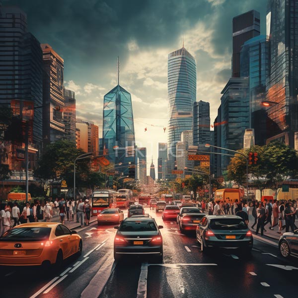 High Resolution: Bustling urban street in a modern city features a crowded road with yellow taxis red cars and buses with skyscrapers dominating the background under a dramatic cloudy sky download. | HRJPG.com